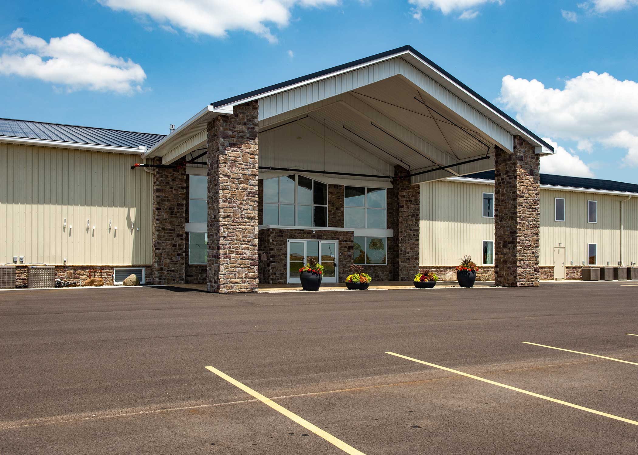 Commercial building entrance with stone columns