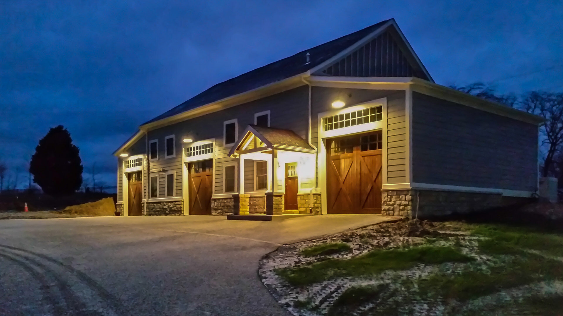 Completed barn exterior at dusk