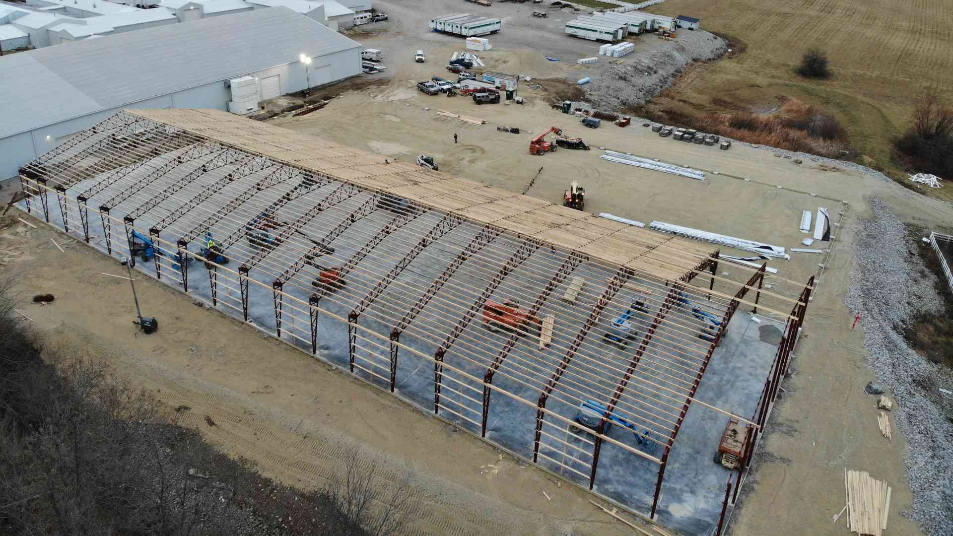 Aerial view of steel-frame building construction